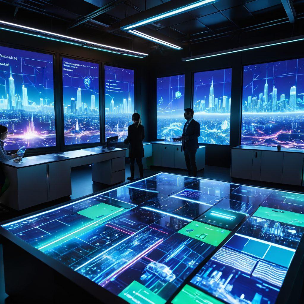 A futuristic laboratory filled with advanced hardware, showcasing transparent screens displaying data trends and interactive holograms of revolutionary technologies. In the foreground, a diverse team of engineers and scientists passionately discussing innovations, while a large window reveals a cityscape with flying vehicles and solar panels. The atmosphere is illuminated with neon blue and green lights, representing technology. super-realistic. vibrant colors. 3D.