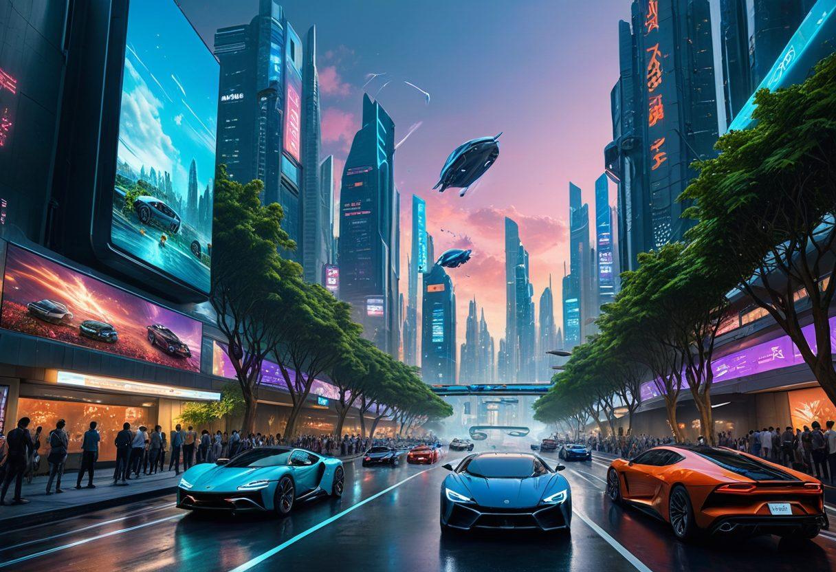 A futuristic city skyline illuminated with advanced technology, featuring floating cars, holographic advertisements, and people using innovative gadgets. In the foreground, a diverse group of tech enthusiasts discussing the latest hardware innovations while interactive screens display tech trends. The atmosphere is vibrant and dynamic, showcasing a blend of nature and technology. super-realistic. vibrant colors. cyberpunk style.